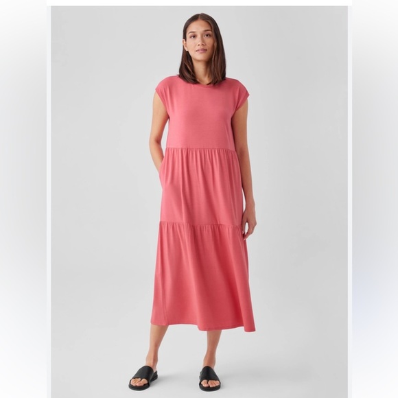 EILEEN FISHER Stretch Jersey Knit Tiered Dress Elegant Pink Madi  Dress Sz L - Picture 1 of 4